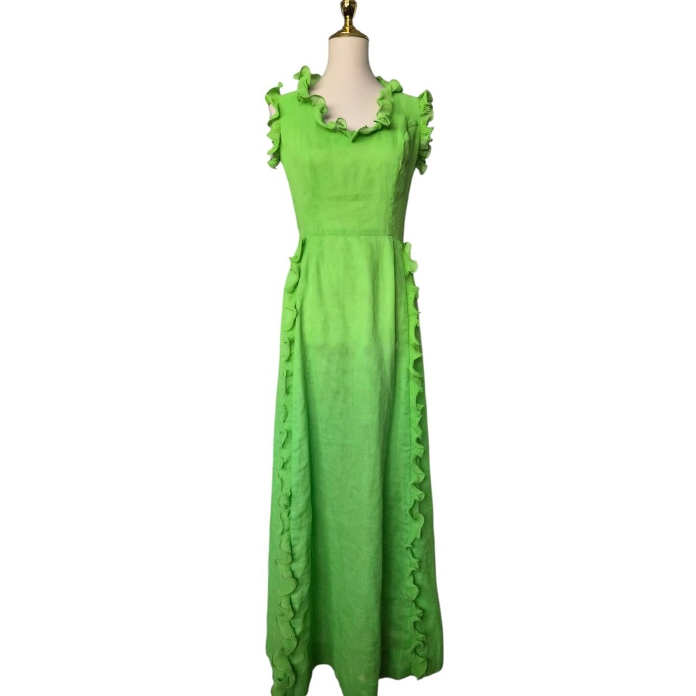 Vintage Prairie Maxi Dress Green Ruffle Cottagecore Fairycore ILGWU USA sz 10‎